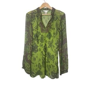 Uniform John Paul Richard Green Sheer Blouse Beaded Retro Vintage Size Large